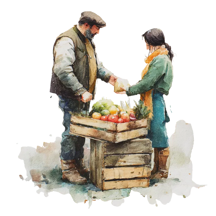 Watercolour of a farmer handing produce to a customer